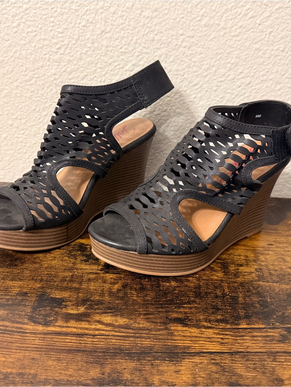Black Laser-Cut Open-Toe Wedge Sandals - Comfortable Everyday Style